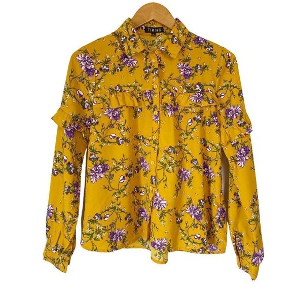 TIMING Mustard Yellow Floral Ruffle Long Sleeve Button Up Shirt - Picture 1 of 5